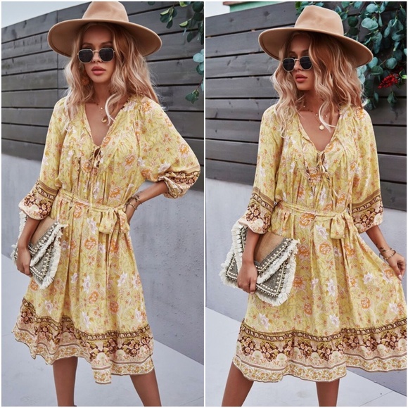 Bellanblue Dresses & Skirts - boho floral print belted 3/4 sleeve dress Yellow